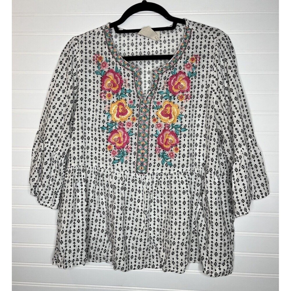 Savanna Jane Top Womens Large Floral Embroidered Bell Sleeve Boho Hippie